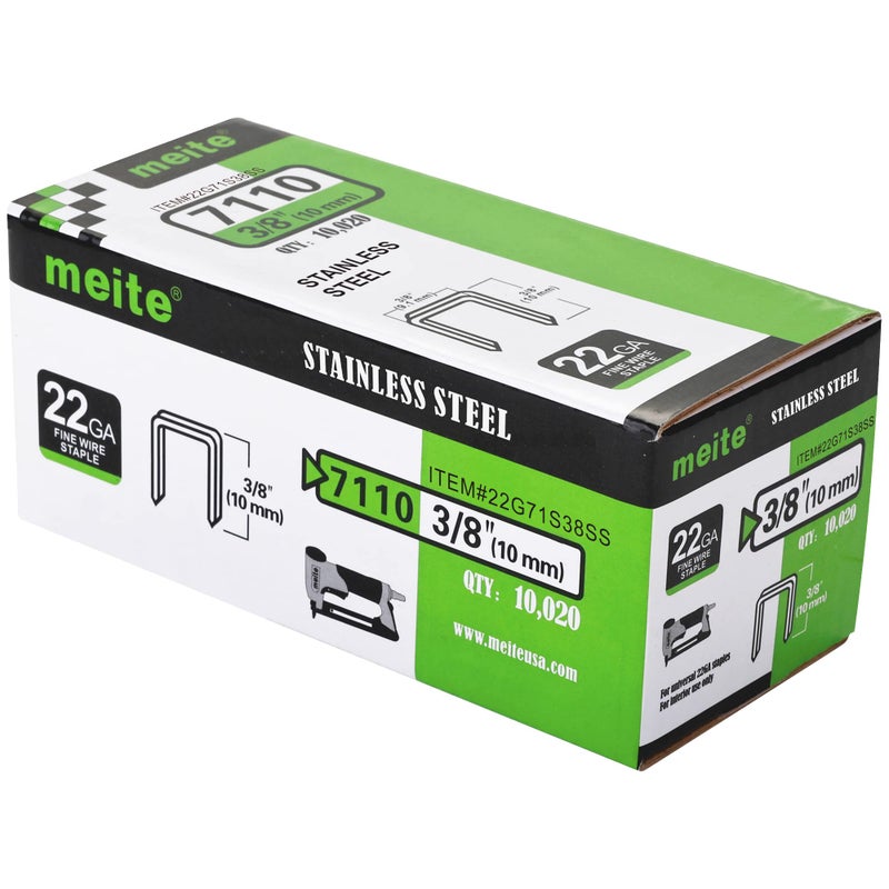 Meite ميتي 71/10 دبابيس تنجيد من الفولاذ المقاوم للصدأ 304 قياس 22، تاج 3/8 بوصة مع طول ساق 3/8 بوصة، دبابيس ثقيلة للإنشاءات، الأثاث، الحرف والمشاريع اليدوية (1 صندوق) - Image 1